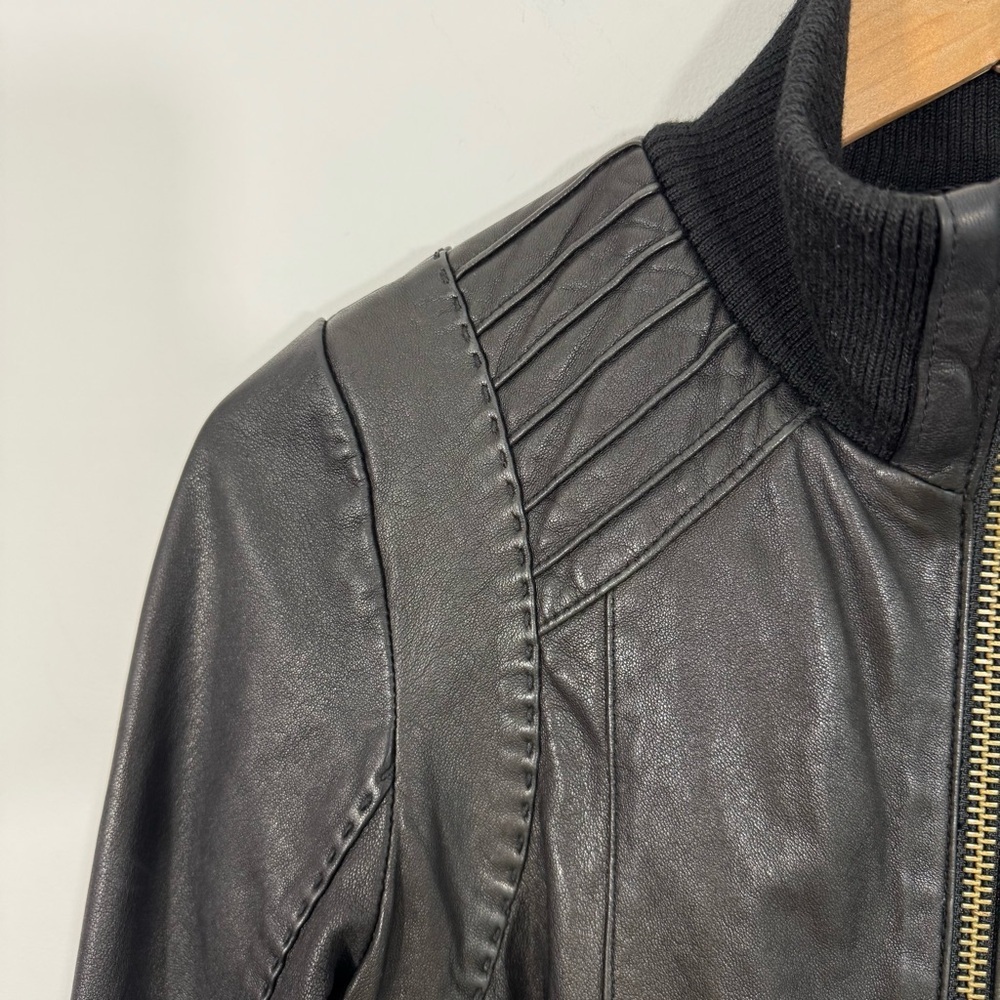 Mackage Dark Leather Jacket with Ribbed Details - Picture 3 of 16